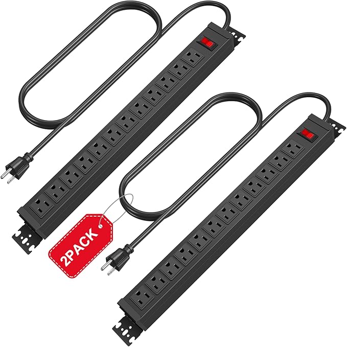 2Pack Rotating Mountable Power Strip, 12 Outlet Wall Mount Surge Protector, Metal Heavy Duty and Versatile Outlet Strip, Stylish Appearance, Sturdy and Durable, 6ft Power Cord.(Black)-DeskLoop Office