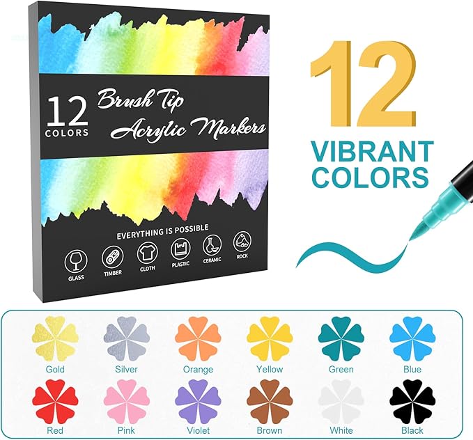 12 Colors Acrylic Paint Markers, Waterproof Dual Tip Acrylic Paint Pens with Brush and Fine Tip, Markers Set for Paper, Rock, Wood, Canvas, Glass, Ceramic and DIY Crafts Making Art Supplies-DeskLoop Office