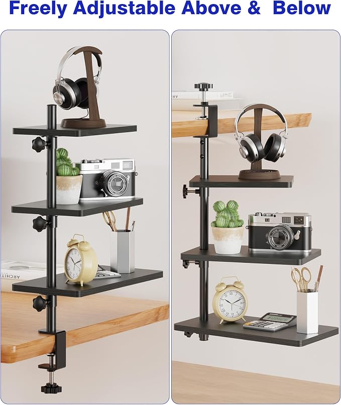3 Tiers Clamp On Desk Shelf, 360° Angle Adjustable Desktop Shelf Organizer - Image 6