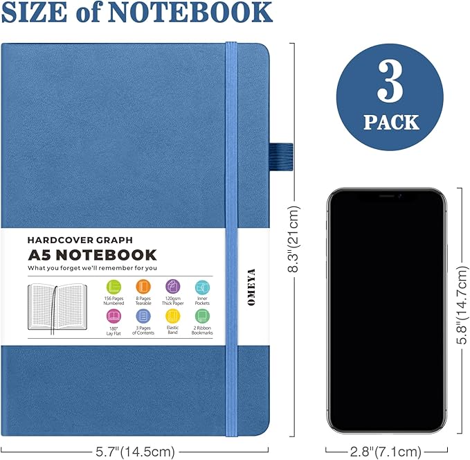 Graph Paper Notebook 3 Pack, A5 Grid Notebook Journal, Graph Notebook with 120gsm Paper, Hardcover Leather Journal for Writing, Grid Paper Notebook for Work, School Supplies, Engineering,5.75" x 8.38"-DeskLoop Office