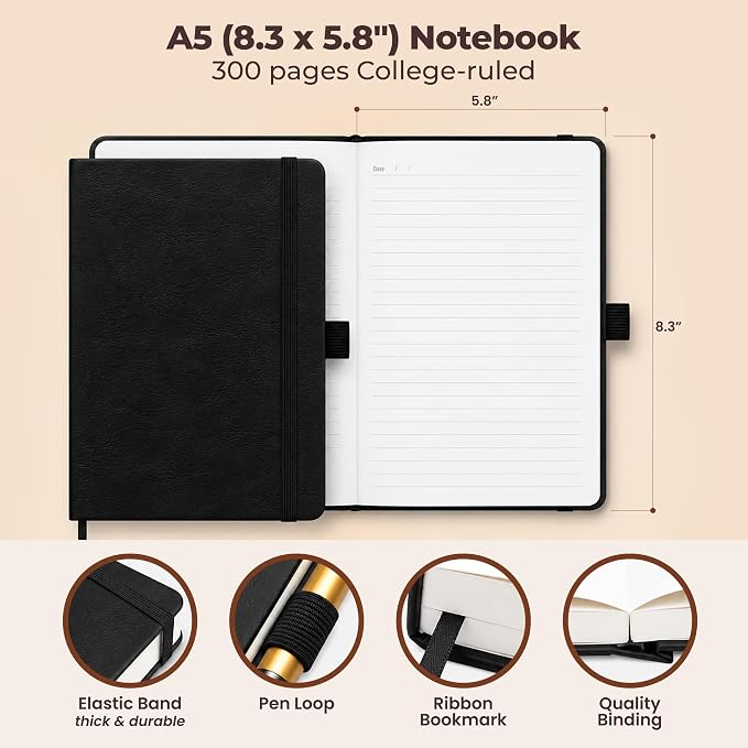 Lined Leather Bound Journal Notebook, A5 Hardcover - Image 3