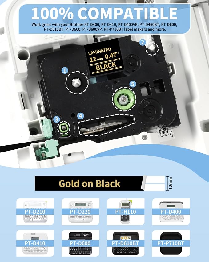 Replacement for Brother P Touch Label Tape Gold on Black TZe-334 TZe334 TZe TZ - Image 2