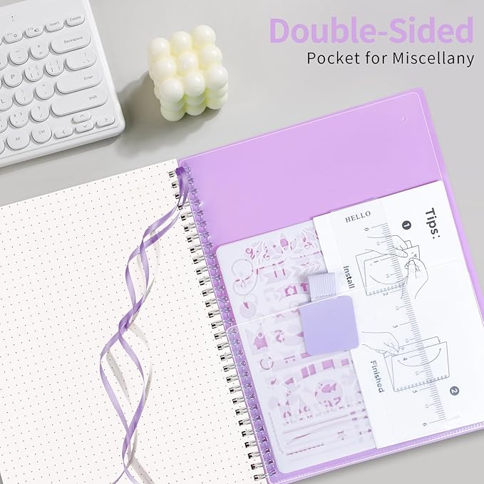 AHGXG Bullet Dotted Journal - Dot Grid Spiral Notebook B5, 140 Pages, 100 GSM Thick Paper, Waterproof Plastic Cover Journals for Bullet Journaling, Sketching, 7.6" x 10", Purple-DeskLoop Office