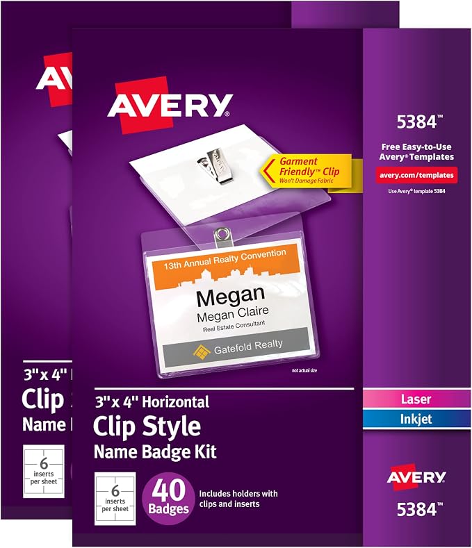 Avery Customizable Name Badge Clips, 2 Packs, 80 Printable Inserts and Badge by Avery