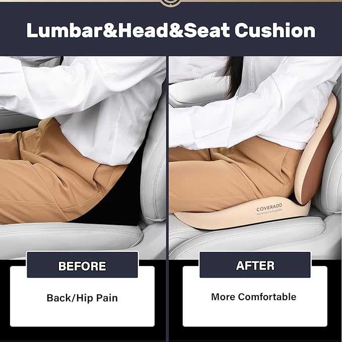 Coverado Seat Cushion and Lumbar Support Headrest Pillow for Car Office Chair, Ergonomic Memory Foam Chair Cushion Back Neck Support Pillow, Sciatica & Back & Tailbone Pain Relief Cushion-Beige-DeskLoop Office