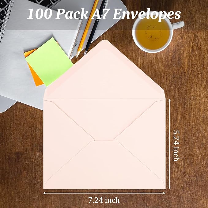 100 Pack A7 Envelopes, Blush Pink Greeting Card Envelopes Self Seal, 5.24 x - Image 3