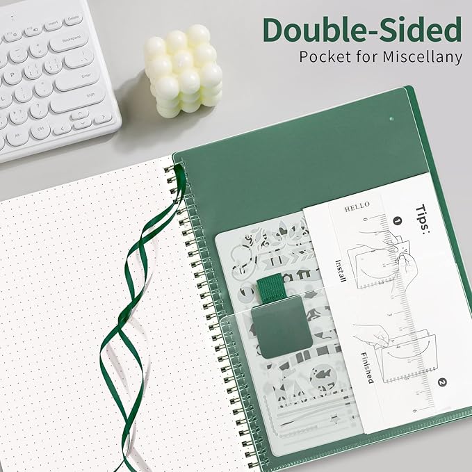 AHGXG Bullet Dotted Journal - Dot Grid Spiral Notebook B5, 140 Pages, 100 GSM Thick Paper, Waterproof Plastic Cover Journals for Bullet Journaling, Sketching, 7.6" x 10", Green-DeskLoop Office