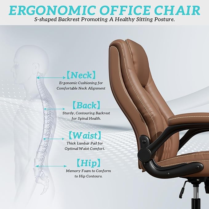 GYI O205P High Back Executive Office Chair, Big and Tall Office Chair 400LBS with Rubber Wheels,Ergonomic Adjustable Computer Desk Chairs with Padded Flip-up Armrests,Lumbar Support (Brown)-DeskLoop Office