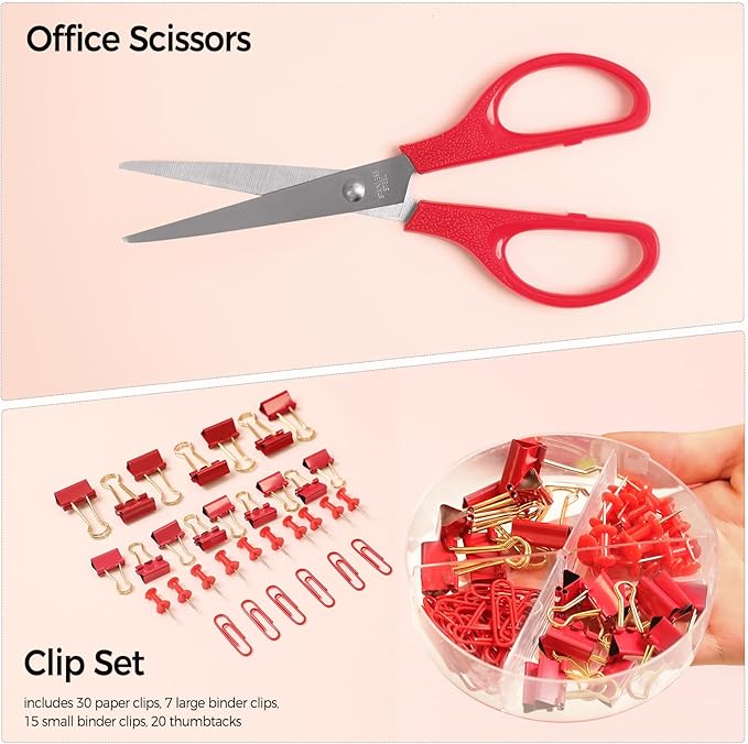 SKYDUE Red Office Supplies Set, Desk Accessories, Tape Dispenser, Binder/Paper - Image 4