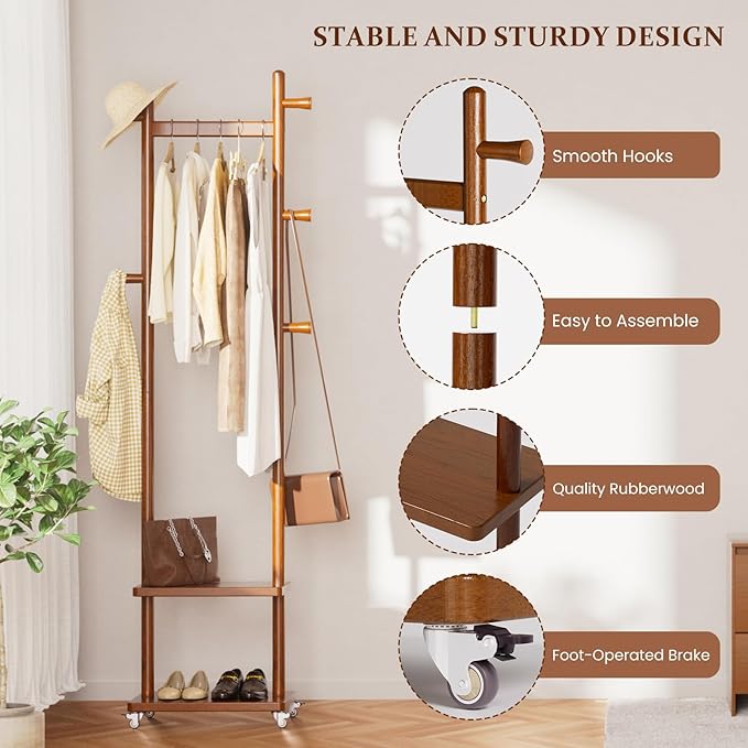 Coat Rack Freestanding Clothing Rack with Wheels & 2 Shelves Storage & 5 Hooks Heavy Duty Clothes Rack Wood Coat Tree Stand Hat Hanger Rack for Corner Bedroom Entryway Living Room Hotel-DeskLoop Office