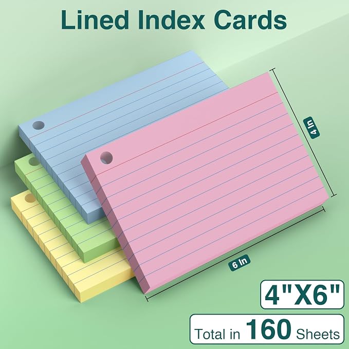 Index Cards 4x6 with Ring, 160 Sheets, Ruled Colored Flash Cards - Image 2