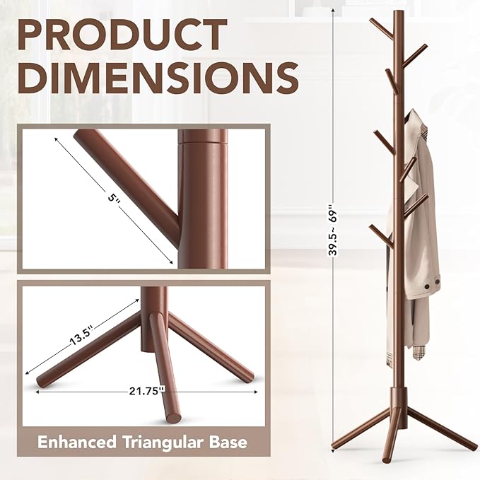 Wooden Tree Coat Rack Stand,Sturdy Freestanding Coat Rack with 8 Hooks,3 Adjustable Height for Child Adult,Wood Coat Stand Tree Fits Entryway Bedroom Office for Bags,Hats-DeskLoop Office