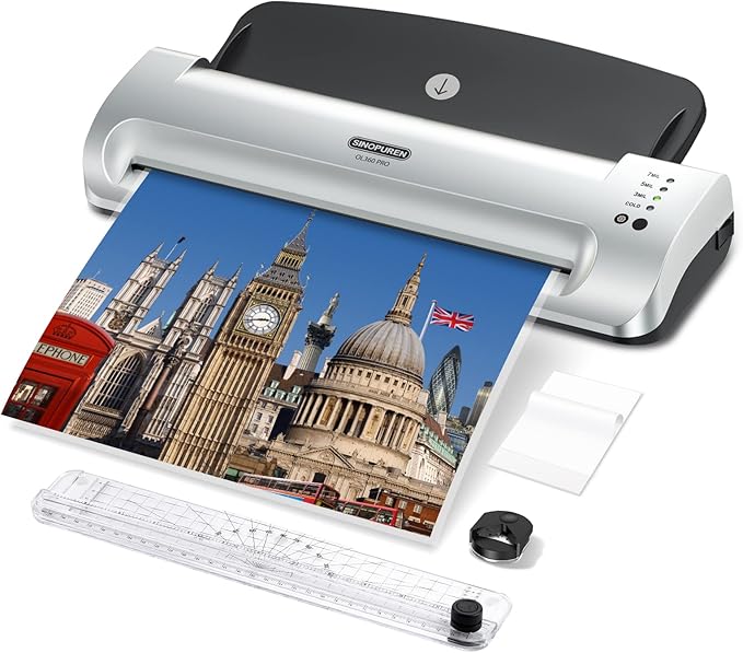 Laminator Machine, SINOPUREN 13-inch Thermal Laminator, with Paper Trimmer, Corner Rounder, 10 Pouches Sheets, Quick Warm-Up, Cold and Hot Laminating for Home/School/Office-DeskLoop Office