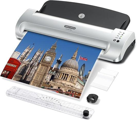 Laminator Machine, SINOPUREN 13-inch Thermal Laminator, with Paper Trimmer, Corner Rounder, 10 Pouches Sheets, Quick Warm-Up, Cold and Hot Laminating for Home/School/Office-DeskLoop Office