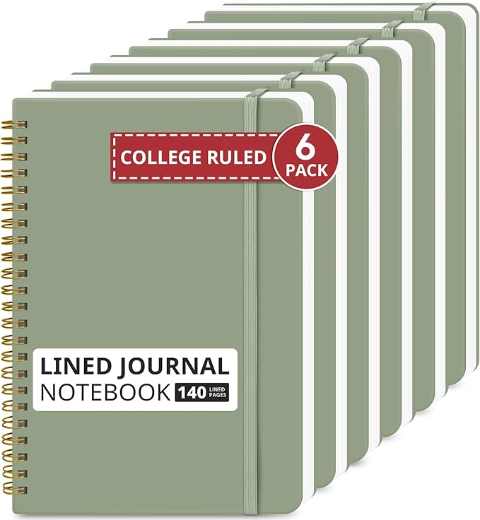 Taja Lined Spiral Journal Notebook for Work, 6 Pack, 140 Pages, College Ruled Hardcover Notebook Journal for Women, 6 Pcs, Journals for Writing, A5(6"x8") - Green-DeskLoop Office