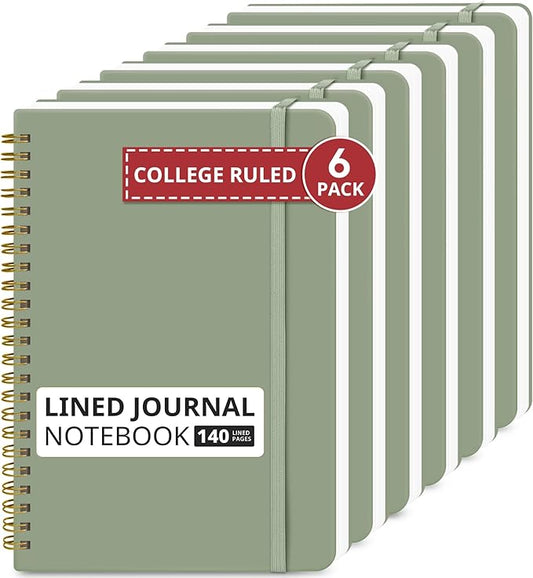 Taja Lined Spiral Journal Notebook for Work, 6 Pack, 140 Pages, College Ruled Hardcover Notebook Journal for Women, 6 Pcs, Journals for Writing, A5(6"x8") - Green-DeskLoop Office
