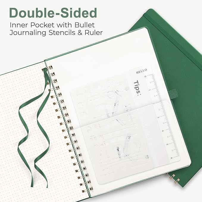 RETTACY Bullet Dotted Journal Notebook, 110 Pages, A4 Large Size (8.5" × 11"), Leather Hardcover, 100 GSM Thick Paper, Spiral-bound, for Bullet Journaling, Planning, Tracking (Dark Green)-DeskLoop Office