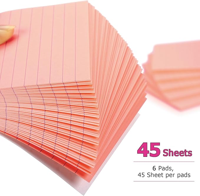 Early Buy 6 Pads Lined Sticky Notes with Lines 4x6 Self-Stick Notes Bright Color Sticky Notes, 45 Sheets/Pad (Pink)-DeskLoop Office