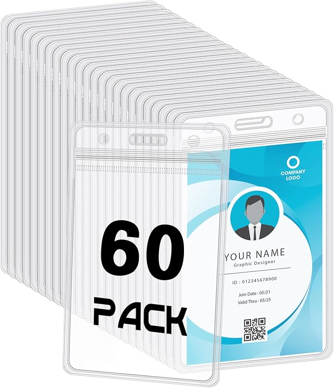 BESARME 60 Pack Vertical ID Card Badge Holder Clear Plastic Sealable Waterproof by BESARME
