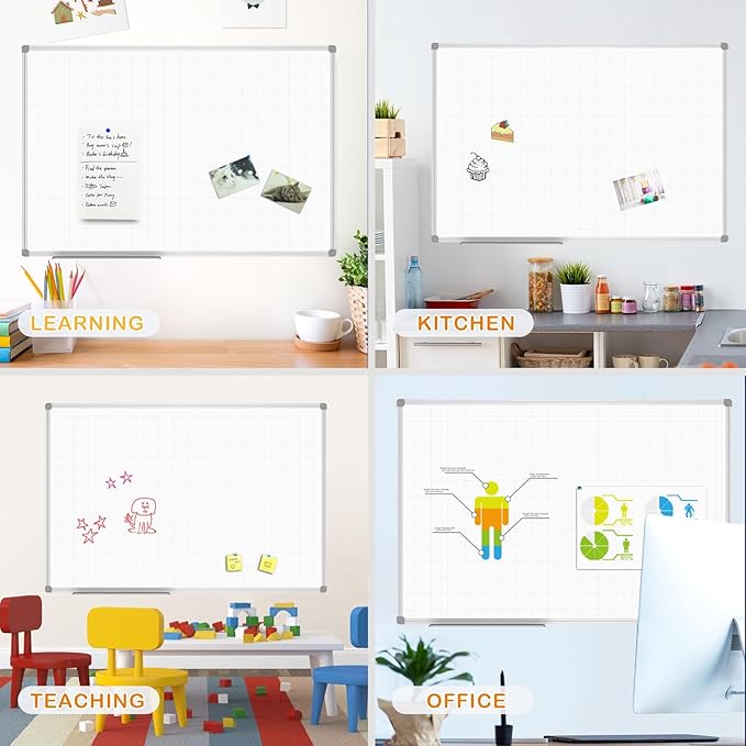 JILoffice Magnetic Dry Erase Planning Board, Grid Pattern White Board 48 x 36 Inch, Silver Aluminum Frame with Detachable Marker Tray for Office School and Home-DeskLoop Office