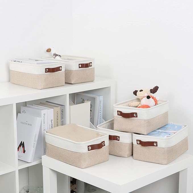 DULLEMELO Small Storage Bins, Storage Baskets for Organizing, Collapsible Rectangular Fabric Baskets for Shelves, Closets, Nursery, Home, Office, Empty Gift Baskets (6-Pack, White&Khaki)-DeskLoop Office