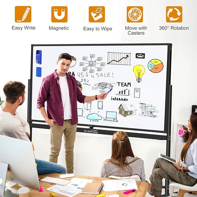 H-Qprobd Dry Erase Board with Stand 72"x40" Magnetic Mobile Whiteboard on Wheels Double-Sided Rolling Whiteboard for Office, Home & School-DeskLoop Office