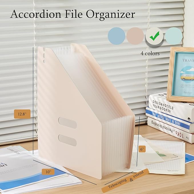 2-Piece Vertical Accordion Folder Manager, 13 Grid Expansion Pages, Vertically Opened Storage Bag for organizing Materials, School, Home, and Office letterhead, Green-DeskLoop Office