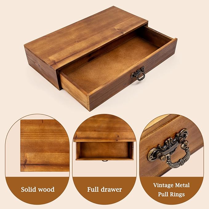 Office Desk Organizer with Drawers Light Brown Vintage Wood Desktop Storage Box - Image 4