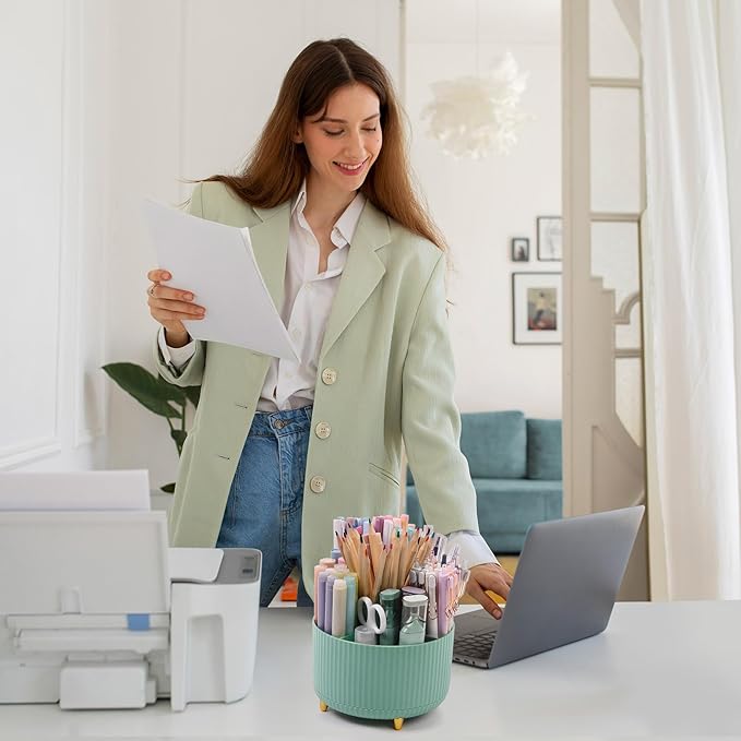 SKYDUE 360 Degree Rotating Desk Organizer, Dual-Purpose Pencil Pen Holder for Desktop, Rotating Desk Pen Organizer with 5 Slots, Pencil Cup for School, Home, Office Supplies (Bean Green)-DeskLoop Office