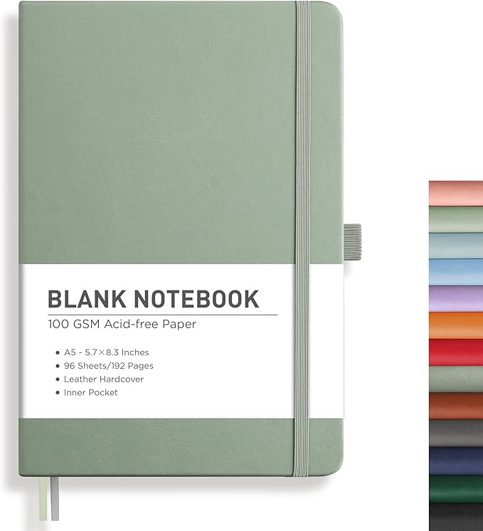 RETTACY Blank Journal Notebook, 192 Pages, A5 Medium Size (5.7'' x 8.3''), Leather Hardcover, 100 GSM Thick Paper, for Sketching, Drawing, Painting (Sage Green)-DeskLoop Office