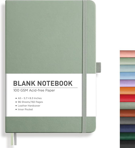 RETTACY Blank Journal Notebook, 192 Pages, A5 Medium Size (5.7'' x 8.3''), Leather Hardcover, 100 GSM Thick Paper, for Sketching, Drawing, Painting (Sage Green)-DeskLoop Office