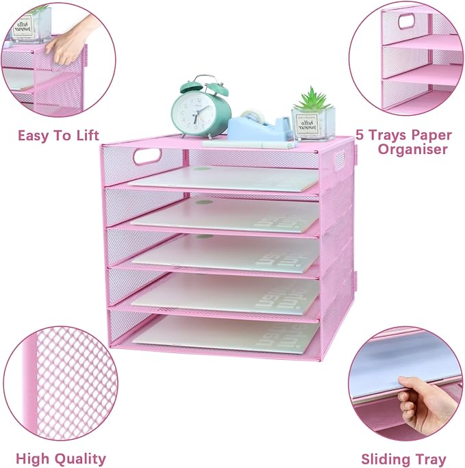 5 Tier Lettrer Tray Organizer, Metal Mesh Desk File Organizer - Image 3