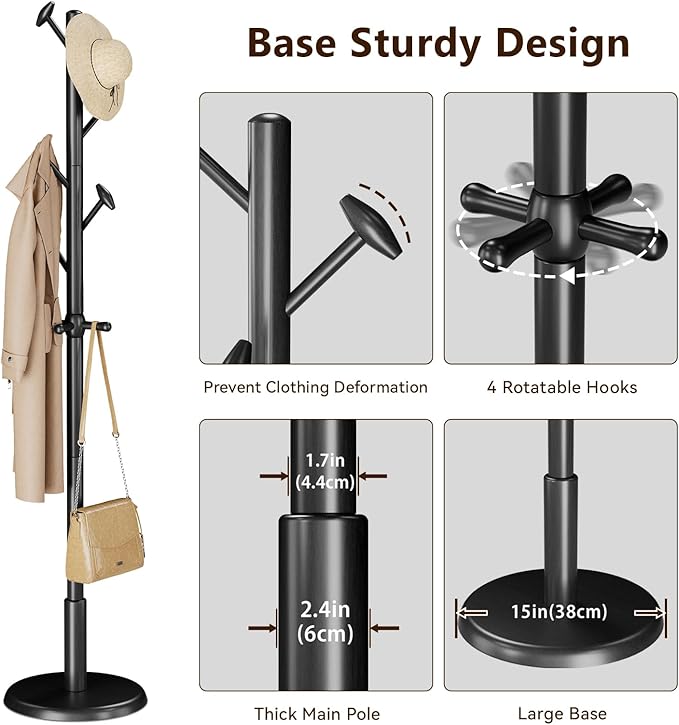 Solid Wood Coat Rack Freestanding Coat Tree with 10 Hooks for Bedroom, Livingroom, Entryway, Sturdy Coat Hanger Stand for Hats, Coats, Scarves, Handbags, Purses-DeskLoop Office