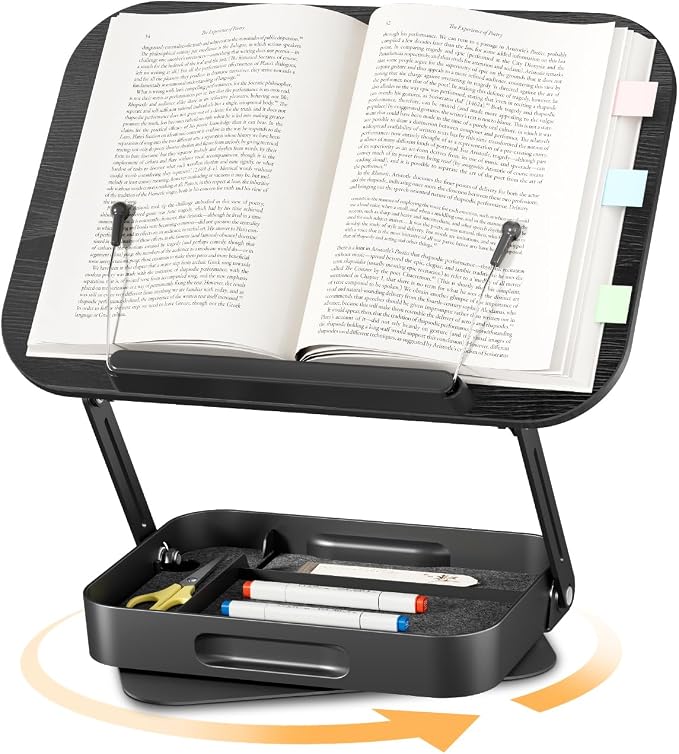 Adjustable Book Stand with Storage Drawer, 360° Rotating Book Holder, Height & by SupeDesk