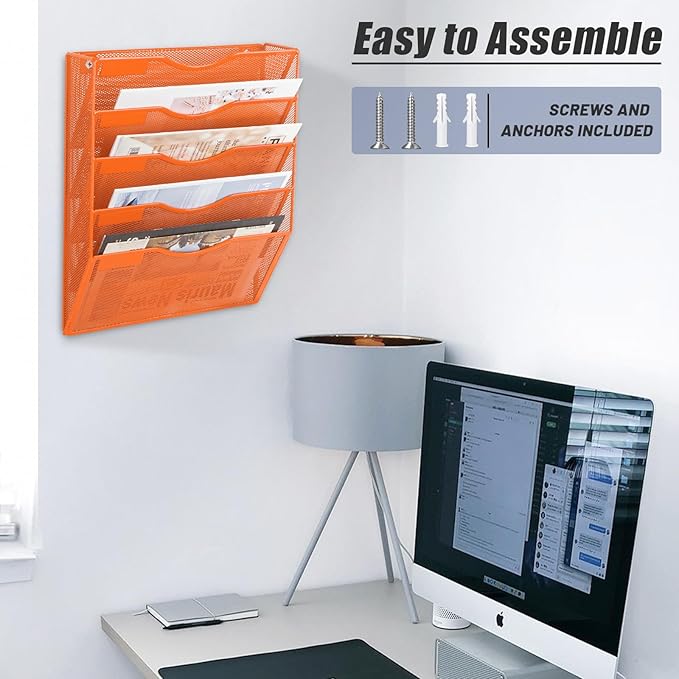 EASEPRES 5 Pocket Mesh Hanging Wall File Organizer, Wall Mounted Mail Paper Document Folder Holder, Clipboard Storage Organization Magazine Rack with Nametag Label for Office Home School, Orange-DeskLoop Office