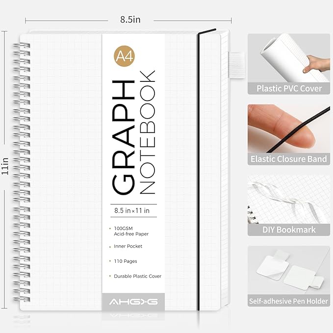 AHGXG Graph Paper Notebook - Spiral Notebook 8.5" x 11", A4 Large Graph Notebook, 100 gsm Thick Grid Paper, Waterproof Plastic Cover Journals for School Writing Engineering Math, Transparent-DeskLoop Office
