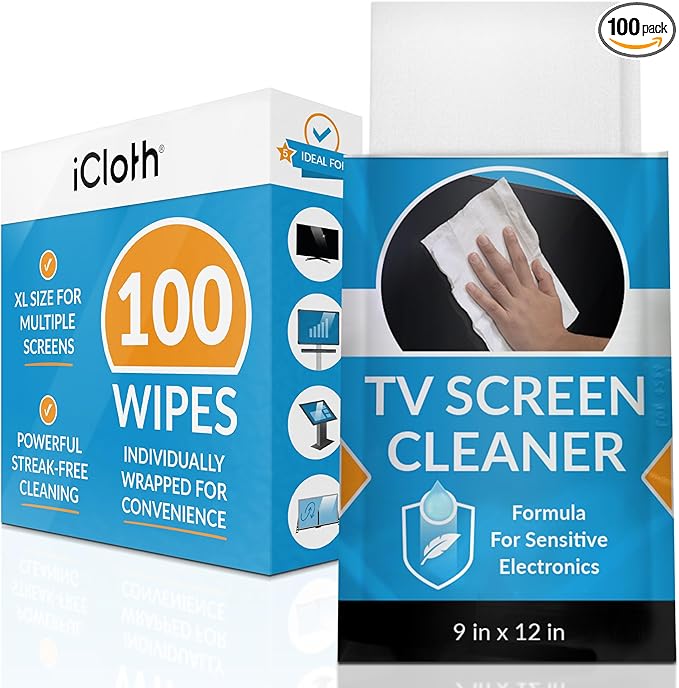 iCloth XL Screen Cleaning Wipes, Lint-Free and Streak-Free, Fast-Drying, Removes Dust, Fingerprints, and Smudges (100 XL Wipes)