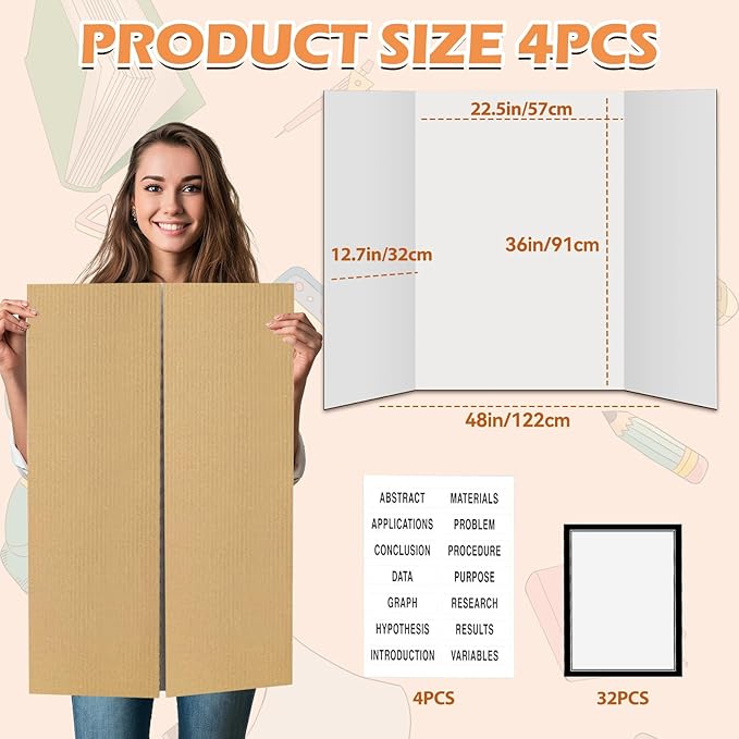 4 Pcs Trifold Display Board 36"x 48" Large White Presentation Board with Board Headers 4 Science Subtitles 32 Black Edge Self Adhesive Paper Poster Board for School Projects and Business Presentations-DeskLoop Office