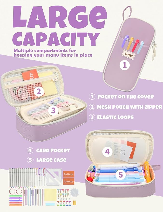 SUNEE Cute Pencil Case, Aesthetic Pen Pouch, Colored Large Pencil Bag - Image 2