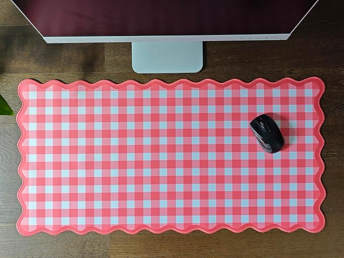 Scalloped‌ Checkered Gingham Desk Mat Cute Red XXL Large Mouse Pad Kawaii - Image 3
