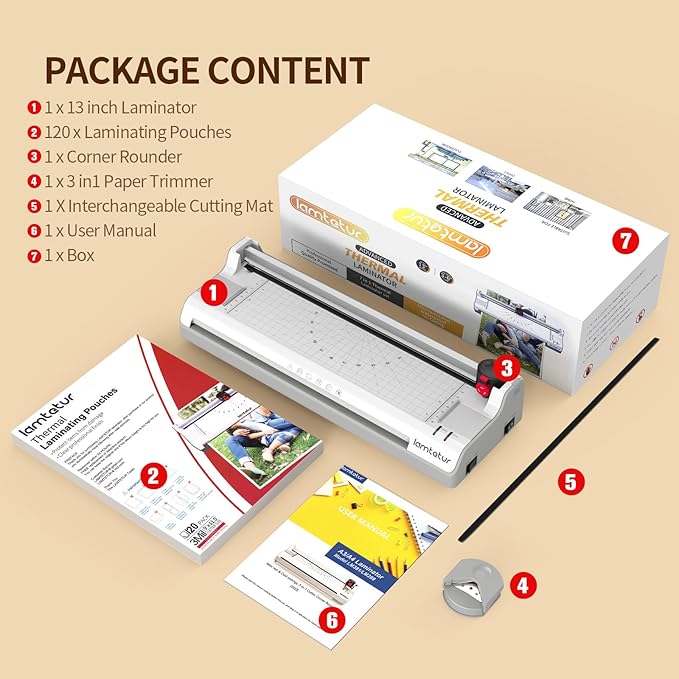 Laminator Machine 13Inch Wide with 120 Letter Size Laminating Sheets for A3/A4/A6,11X17 Thermal Hot&Cold 2 Roller Laminated 3-5Mil with Paper Cutter, Corner Rounder for Office Home School Teacher Use-DeskLoop Office