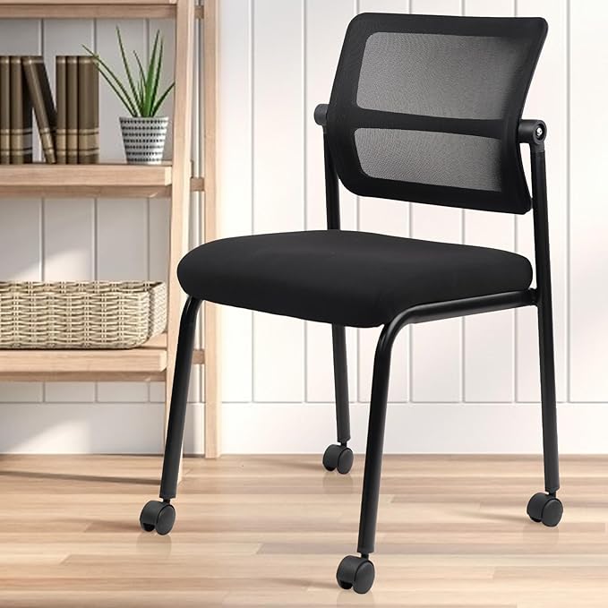 CLATINA Stacking Armless Office Waiting Room Chair with Wheels, Stackable Mesh Guest Reception Desk Chairs with Adjustable Backrest for Conference Lobby Side School, Black, 4 Pack-DeskLoop Office