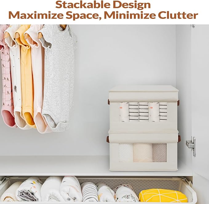 Fabric Storage Bins with Lids, Collapsible Closet Organizer with Sturdy Handles, Clear View Window, Stackable Storage Baskets for Clothes, Towels, Books, Hand Pull Closet Organizer Boxes-4-Pack, Beige-DeskLoop Office