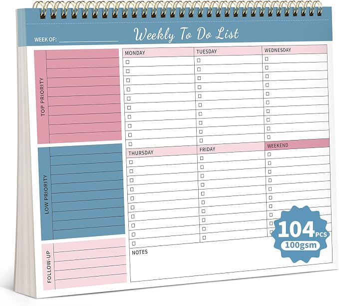 104 Pgs Weekly To Do List Notepad, 52 Duplex-Printed Undated Sheets 100 by ALKALO