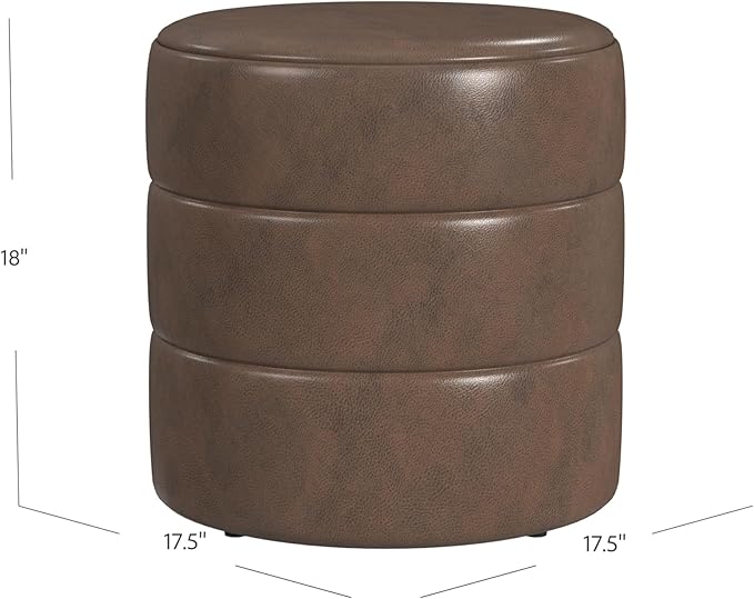 HomePop Upholstered Faux Leather Round Ottoman Home Décor|Foot Rest Ottoman- Brown Faux Leather-DeskLoop Office