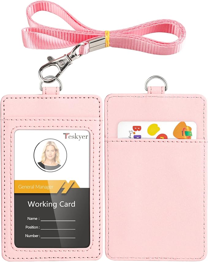 Teskyer Badge Holder with Lanyard, Leather ID Name Badge Card Holder with by TESKYER