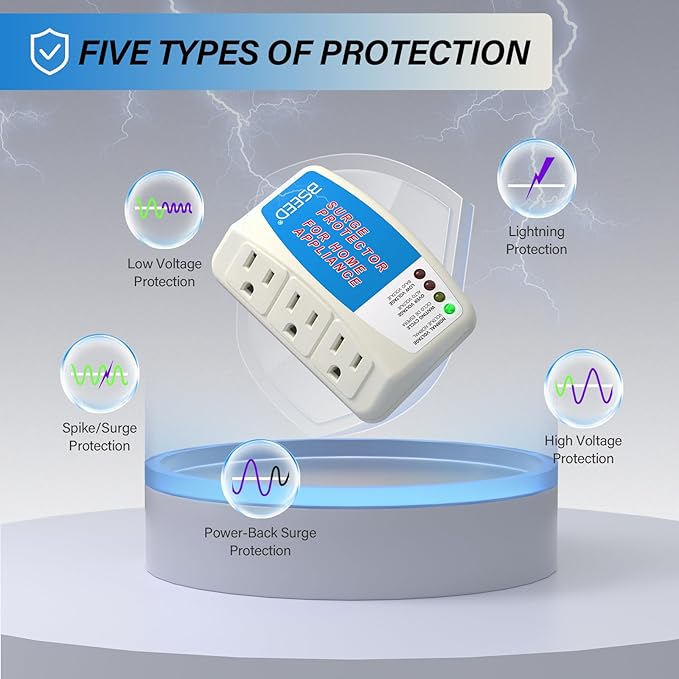 BSEED Surge Protector for Home Appliance 3 Outlet Surge Protector for Refrigerator Voltage Protector for TV, PC, PS5, Air-Conditioning and Other Valuable Household Electronic 125V, 1875W, 4 Pack-DeskLoop Office