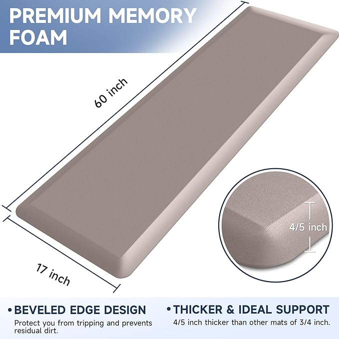 4/5 Inch Thick Kitchen Mat Anti Fatigue Mat Kitchen Rugs Kitchen Decor Non-Slip, Stain Resistant, Waterproof Kitchen Mats Desk Mat for Kitchen, Office, Workshop, Khaki, 17'' x 60''-DeskLoop Office