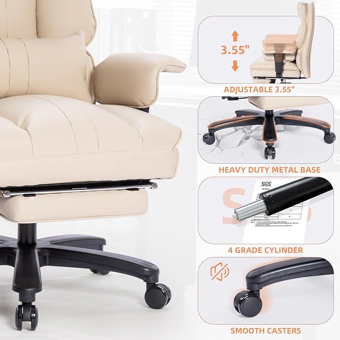 Big and Tall Office Chair 500lbs Wide Seat Executive Office Desk Chair High-Back Office Task Chair with Foot Rest, Ergonomic Lumbar Support Computer Office Chairs for Heavy People(Beige)-DeskLoop Office
