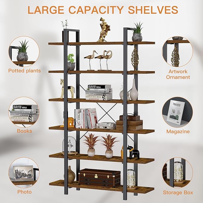FRAPOW Bookshelf, 6 Tier Book Shelf 83Inch Tall Bookcase, Industrial Large Bookshelves Rustic Book Case with Open Metal Frame for Office, Bedroom, Farmhouse, Living Room-DeskLoop Office